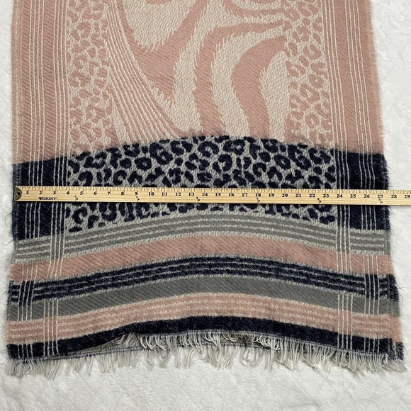 Shawl Scarf Wrap Wool Blend Pink Cheetah Print Blue Stripes Fringe Mixed Media - Picture 5 of 8